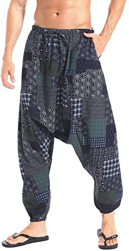 AITFINEISM Herrbyxor Med Dragsko Lässige Hippie Harem Byxor Löst Drop Crotch Byxor (L, Stil Blått-1)