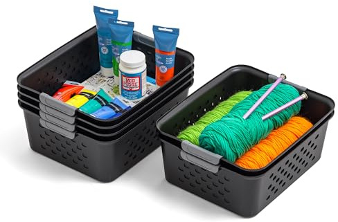 IRIS USA Plastic Storage Baskets, 6-Pack, Made in USA, Shelf Baskets Small Baskets Organizing Bins For Pantry Countertops Closet Shelves Laundry Room Office, Muti-Purpose, Nestable, Easy Carry, Black