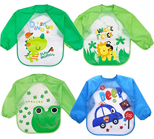 Baogaier Kinder Jungen Lätzchen Wasserdichte Lange Aermel Baby Waschbar Babylätzchen zum Bemalen BPA Frei Abwaschbar Verstellbare Einfache Reinigung Schürze Essen Kunst Handwerk Spielen Blau Grün 4PCS