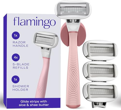 Flamingo Shaving Razor Set for Women - Original Razor Handle, 4 Blade Refills, and Shower Holder - Rose