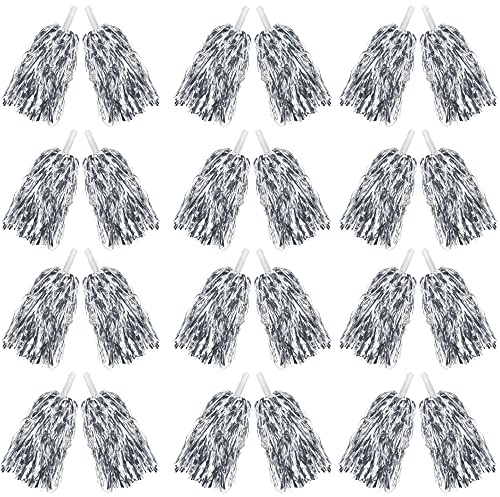 24PCS Cheerleading Pom Poms Metallic Foil Plastic Pom Poms with Baton Handle for Game Sports Squads Dancing Party Football Basketball Club Spirit Sports Stage Performance Celebration (Silver)