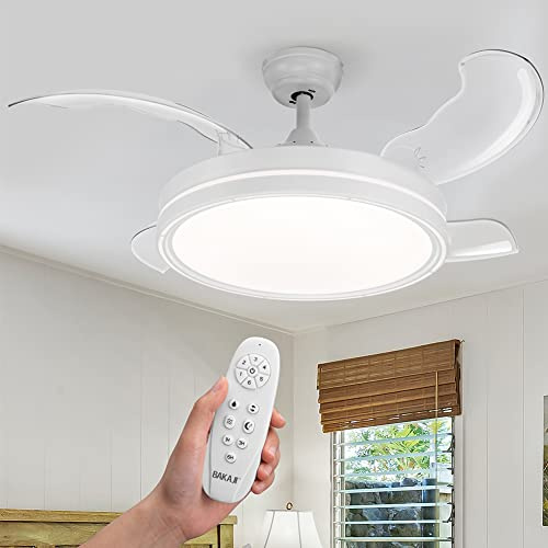 BAKAJI Ventilatore Lampadario da Soffitto Ø106cm in Acciaio e 4 Pale in ABS richiudibili a scomparsa, Plafoniera 36W LED cambio colore, 3 Velocità e Inversione Rotazione, Timer e Telecomando (Bianco)
