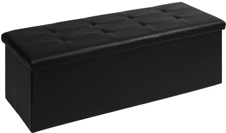 Bonlife End of Bed Storage Bench,Folding Ottoman Seat Rest,Large Toy Chest Box Faux Leather Footstool for Living Room,Black,110x38x38cm