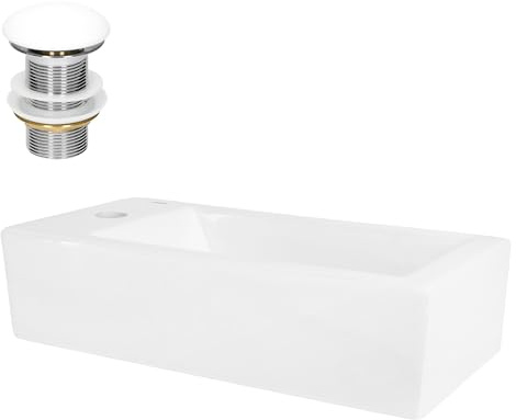 ML-Design handfat i vit keramik, fyrkantig form 51x25x13 cm med avloppsarmatur i samma färg kranhål på vänster sida Vägghängt eller för bänkskåp Modernt tvättställ stilren tvättskål och handfat