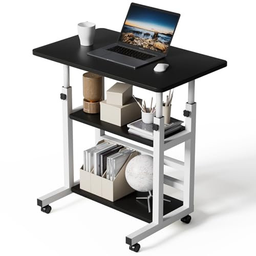 Warmiehomy Movable Computer Desk Table Height Adjustable Office Desk with Wheels,Laptop Table Study Gaming Desktop Workstation 2 Shelves for Home Office Furniture,60x37x60-90cm Black