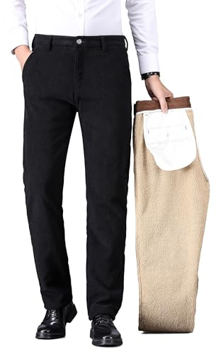 Ziilay Pantalon d'Hiver en Velours Côtelé pour Homme - Doublure Polaire Stretch et Laine d'Agneau - Costume de Neige - Noir, 32W / 32L