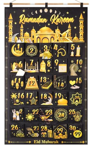 DPKOW Tela Calendario Ramadán para Rellenar Regalo, Vacio Calendario Ramadan Rellenable, DIY Calendario Adviento Colgante para Ramadán Decoracion Puertas Pared, con Bolsillos, Negro Oro