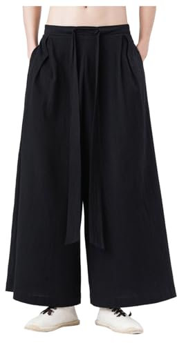 Vekewear Japanische Leinen Yogahose Herren Leinenhose Haremshose Baggy Hakama-Kung-Fu-Hose Kimono Weithose Hip Hop Freizeithose Jogginghose Baumwolle Leinen Haushose Eisseide Herrenhosen