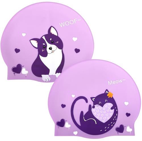 RAIHOMKIT 2 PCS Swim Caps for Kids, Swimming Cap for Age 6-12 Boys Girls, Silicone Cartoon Swimming Hats for Child Long and Short Hair, Waterproof Kids Bathing Caps, Keep Hair Dry