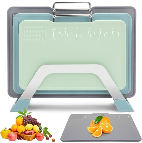 GIOVARA Chopping Board Set with Stand 3 Packs Colour Coded Chopping Boards Set, Non-Slip Kitchen Cutting Boards with Handles, Measurement Marks for Vegetables, Meat, Fish (Blue)