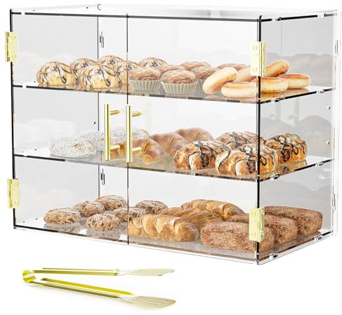 Cityjoy 3-stöckige Aufsatzvitrine mit elastischer Autotür, 49,5 x 37,8 x 26,2 cm, Acryl, Gebäckvitrine, Lebensmittelvitrine, Box für Brot, Dessert, Kekse, Backen
