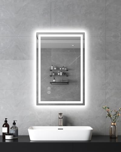Habison Miroir de salle de bain LED, 40 x 60 cm, avec fonction anti-buée, éclairage avec interrupteur tactile, intensité variable, blanc froid, fonction mémoire, IP44, verre anti-explosion