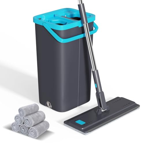 Eukue Wischmopp Set mit Eimer, Bodenwischer mit Auswringfunktion und 6 Mikrofaserpad, 2 in 1 Putzeimer mit Wischmop, Wischmop Set für die Reinigung von Fußböden