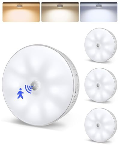 EZVALO 4 Pack Motion Sensor Closet Lights, 1200mAh USB-C Rechargeable LED Puck Lights, Under Cabinet Lights, Night Lights, Dimmable, 3 Color Temps, Magnetic, Stick-On for Closet, Stairs, Cabinets