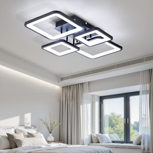 Warmiehomy Modern Ceiling Light LED,66W Living Room Ceiling Lights,62CM Cool White 6500K,4 Square LED Ceiling Lighting for Bedroom Kitchen Hallway,Black