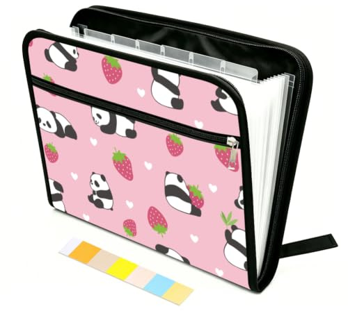WEBEEDY Dossier Extensible Mignon avec 13 poches Organisateur de Fichiers Accordéon avec 12 Couleur Étiquettes et Fermeture Éclair Motif Panda et Fraise Organisateur de Documents Portable de Voyage A4