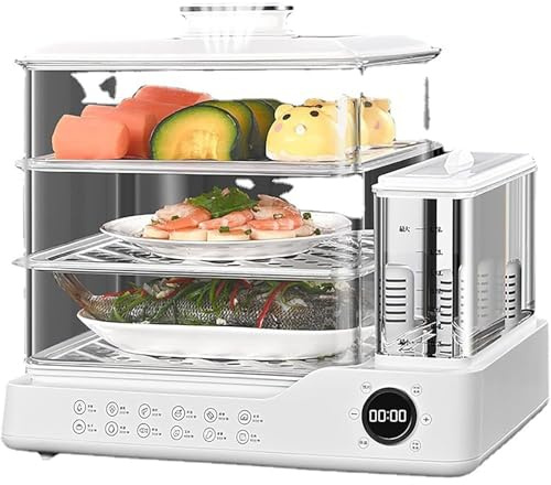 Vaporera de 3 niveles, vaporera eléctrica de 24 litros con temporizador digital y depósito desmontable, para cocinar simultáneamente verduras, marisco y bollos, ideal para el hogar