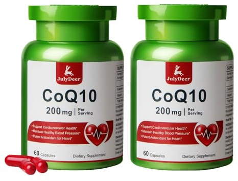 JulyDeer 2 Bottles CoQ10 200mg with Vitamin E 20mg, High Absorption Antioxidant Coenzyme Q10 Support for Heart, Energy Overall Health Supplement 120 Capsules