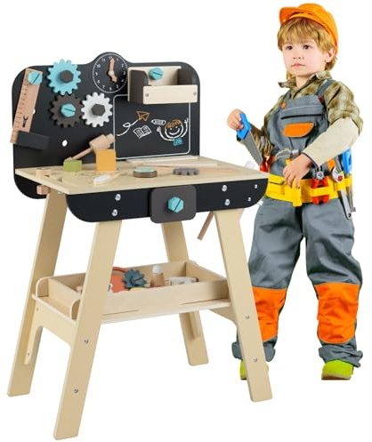 Maxmass Wooden Kids Workbench, Toddler Tool Bench with Rich Tools & Parts, Chalkboard, Storage Shelf, Educational Construction Tools Set Pretend Play Tool Workshop (Natural+Black, 50x30x74cm)