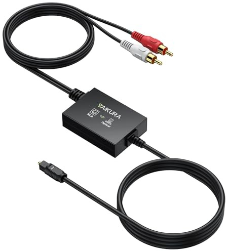 TAIKURA Convertidor Audio RCA a Óptico Toslink, Adaptador Analógico a Digital SPDIF con Cable Óptico 1m + Cable RCA 1.1m Integrados para Tocadiscos, Reproductor CD a Barra de Sonido