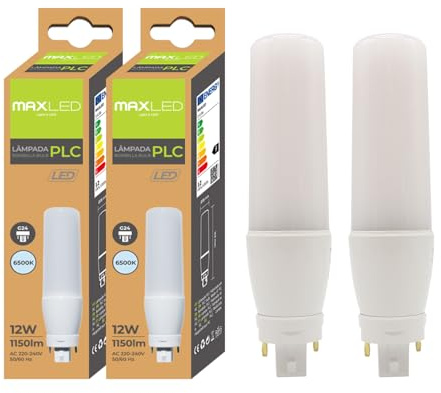 Maxled, Light is Led! Pack de 2 Bombillas LED G24 2-Pin PLC Tubo 12W Blanca Fría 6500K Equivalente a 90W 1150LM Lámpara LED de Alta Eficiencia Apto Para Cocina Dormitorio Comedor No Regulable