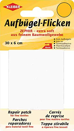 Kleiber 30 x 6 cm Extra weiches, feines Baumwollausbesserungsband zum Aufbügeln, weiß