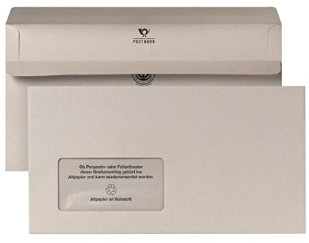 POSTHORN Briefumschläge mit Fenster 125 x 235 mm (1000 Stück), Umschläge selbstklebend, Kuvert mit grauem Innendruck, Briefkuvert mit Fenster mit 80g/m², Grau