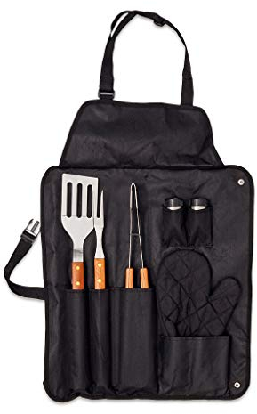 Home Fun Line® - Tablier avec accessoires barbecue. Ensemble de 7 ustensiles de barbecue: tablier et gant matelassé en nylon noir, fourchette, spatule, pince, salière et poivrière en acier inoxydable.