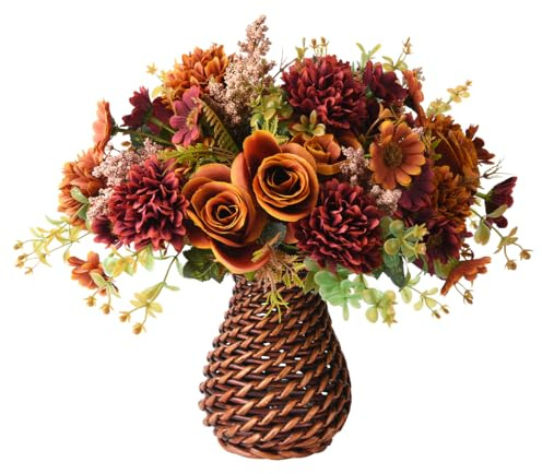 Artificial Faux Flowers in Vase, Fake Silk Floral Arrangements Rose Bouquets with Handmade Rattan Vase, Farmhouse Table Decorations Centerpieces for Dinning Room Kitchen Office Desktop (Brown)