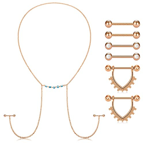 D.Bella Rose Gold Nipple Rings with Choker Necklace - Surgical Steel 14mm & 16mm Nipple Piercing Barbell