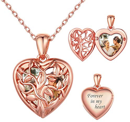 SILVERCUTE Damen personalisiert Herz Fotokette Silber 925 Lebensbaum Medaillon zum Öffnen Rosegold vergoldet Bild Anhänger Amulett Halskette Schmuck für Weihnachten Valentinstag
