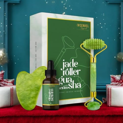 100% Natural Jade Stone Roller and Gua Sha Set with Vitamin C Serum | Great for Eye Puffiness Treatment, Skin Tightening, Anti Aging, Rejuvenate Face & Neck | Beauty Gift for Women (Green)