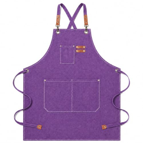 jiuzcare Delantal de Cocina para Hombre y Mujer, Tejido Oxford Morado con Correas Cruzadas Ajustables, 3 Bolsillos, Lavable a Máquina, para Barbacoa, Restaurante, Cafetería y Manualidades