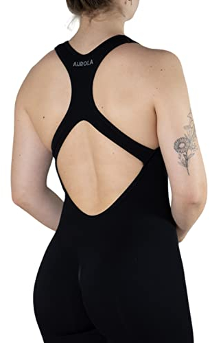 AUROLA Power Workout Jumpsuit for Women Yoga Gym Seamless One Piece Racerback Tummy Control Padded Bra Jumpsuit,Black，S