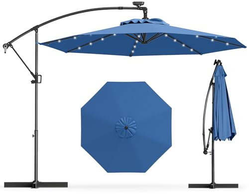 GOPLUS Parasol Déporté 3M avec 32 LED Solaires, 8 Baleines avec Tissu Protection Solaire, Inclinable Rotatif à 360° pour Jardin, Patio, Terrasse Extérieur, Base Non Incluse (Bleu)