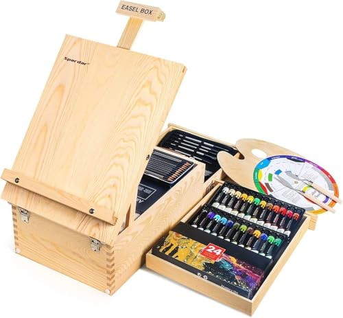 Spardar Caballete Pintura, Kit Pintura al Oleo con Caballete con 2 Cajones y 24 Pinturas Acrílicas, 10 Pinceles Acrílicos, 12 Lápices colores etc, Arte para Artistas Principiantes Aficionados