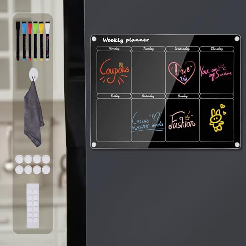 Otauoaea Planificador Semanal Magnetico,Borrable Calendario Magnetico Negro,Tableros de Planificación Reutilizables para Organizar, Planificar Menús y Hacer la Lista de la Compra