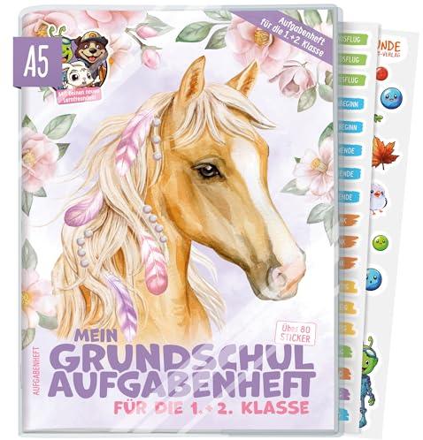 Hausaufgabenheft Grundschule A5 für die 1. + 2. Klasse ohne Datum mit Schutzhülle, Stickern, Lern- und Denkspielen Pferd - nachhaltig & klimafreundlich