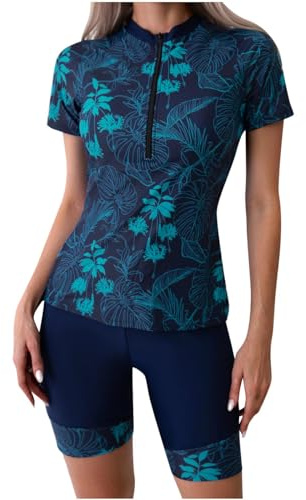 Women Modest Swimwear with Shorts Two Piece Swimsuit Short Sleeve Rash Guard Sets Tummy Control Swimwear Swimming Costume Burkini Hawaiian Leaves Surfing Bathing Suits Ladies UK Sale Clearance Navy