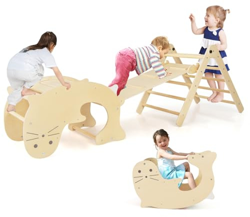 RELAX4LIFE 7 in 1 Set da Arrampicata con Scivolo per Bambini, Arco da Arrampicata Pieghevole in Legno, Cavallo a Dondolo Convertibile in Tavolino per Bimbi 1+ Anni (Naturale)