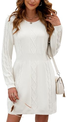 Nadeer Jumper Dress for Women Crew Neck Sweater Dress Winter Elegant Cable Knit A-line Long Sleeve Dress Ladies Knitted Pullover Bodycon Mini Dress Casual Knitwear White