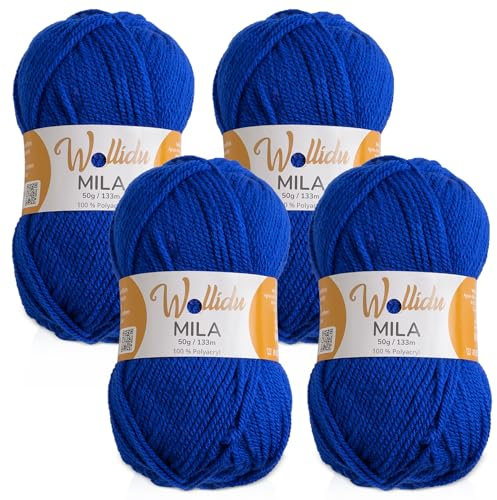 Wollidu Mila Garn zum Häkeln und Stricken 4 x 50g/133m Strickgarn 100% Polyacryl Häkelgarn Royal Blau