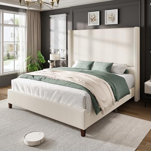 AMERLIFE King Size 62 Corduroy Upholstered Bed Frame, Luxurious Platform Bed with Extra Tall Wingback Headboard and Vertical Stripe, No Box Spring Needed/Solid Wood Slats & Legs/Cream