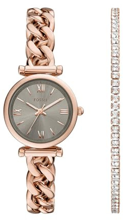Fossil Carlie Uhr für Damen, Quarzwerk mit Edelstahl- oder Lederarmband Rose-Gold-Ton