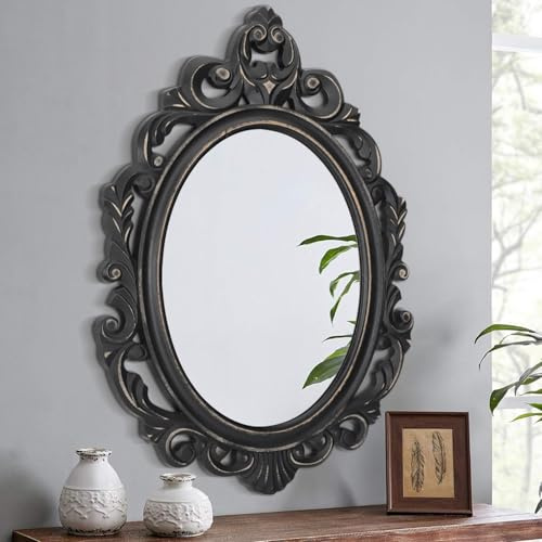 Lzuso Oval Black Wooden Hanging Mirrors Carved Wall Mirrors Baroque Style Frame Rustic Vintage Decorative Aesthetic for Vanity Bedroom Bathroom Living Room Entryway Farmhouse