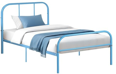 FurnitureR Sommier à Lattes Simple en métal avec tête et Pied de lit, Base en Fer Solide pour Adultes et Adolescents, Bleu