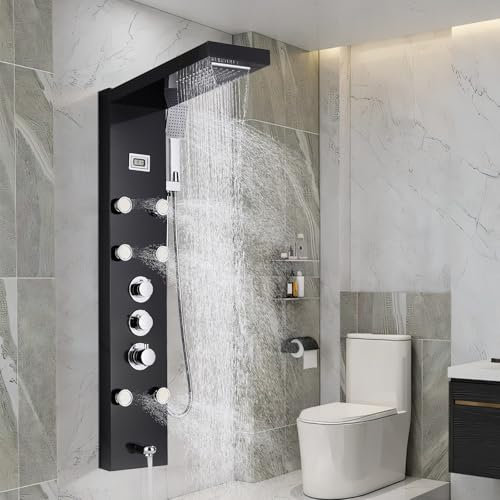 Shower Panel System Tower Thermostatic with 5 Functions, Shower Panel Column Tower Wall-Mounted with Waterfall, Rainfall Shower Head, 6 Body Jets and Bathtub Spout Black