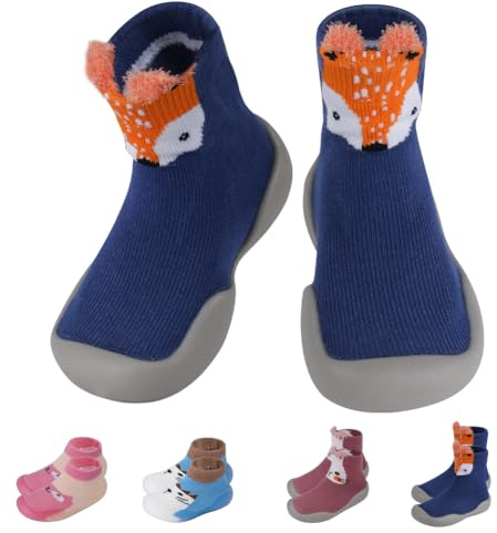 Aolso Zapatos de Calcetines Bebé, Zapatos Bebé Primeros Pasos Calcetines con Suela, Zapatos para Primeros Pasos Antideslizantes con Estampados de Animales para Niño Niña(Zorro Azul