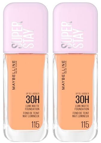 Maybelline New York Fondotinta Coprente Liquido Lunga Tenuta Superstay Lumi Matte 30H Coprenza Modulabile Waterproof No Transfer Copertura Medio-Alta Colore 115 con Amminoacidi - 2 Flaconi da 30ml