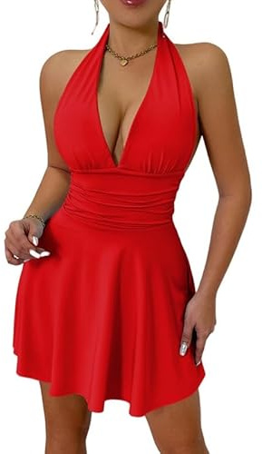 Sukiglam Sexig rygglös miniklänning sommarklänning ärmlös V-ringad aftonklänning elegant hög midja bodycon plisserade klänningar casual swing bodycon-klänningar för nattklubb cocktail